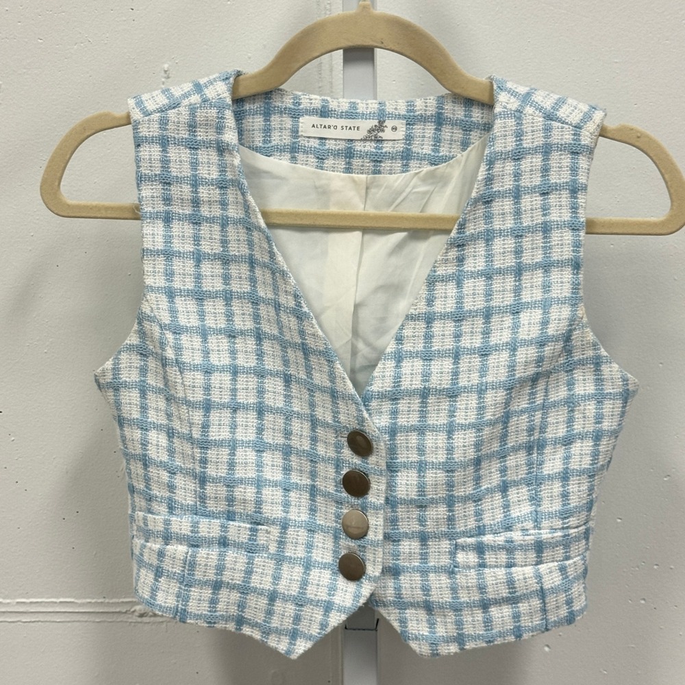 Altar'd State Womens' Blue White Plaid Cropped Tweed Vest Sleeveless Top Size XS